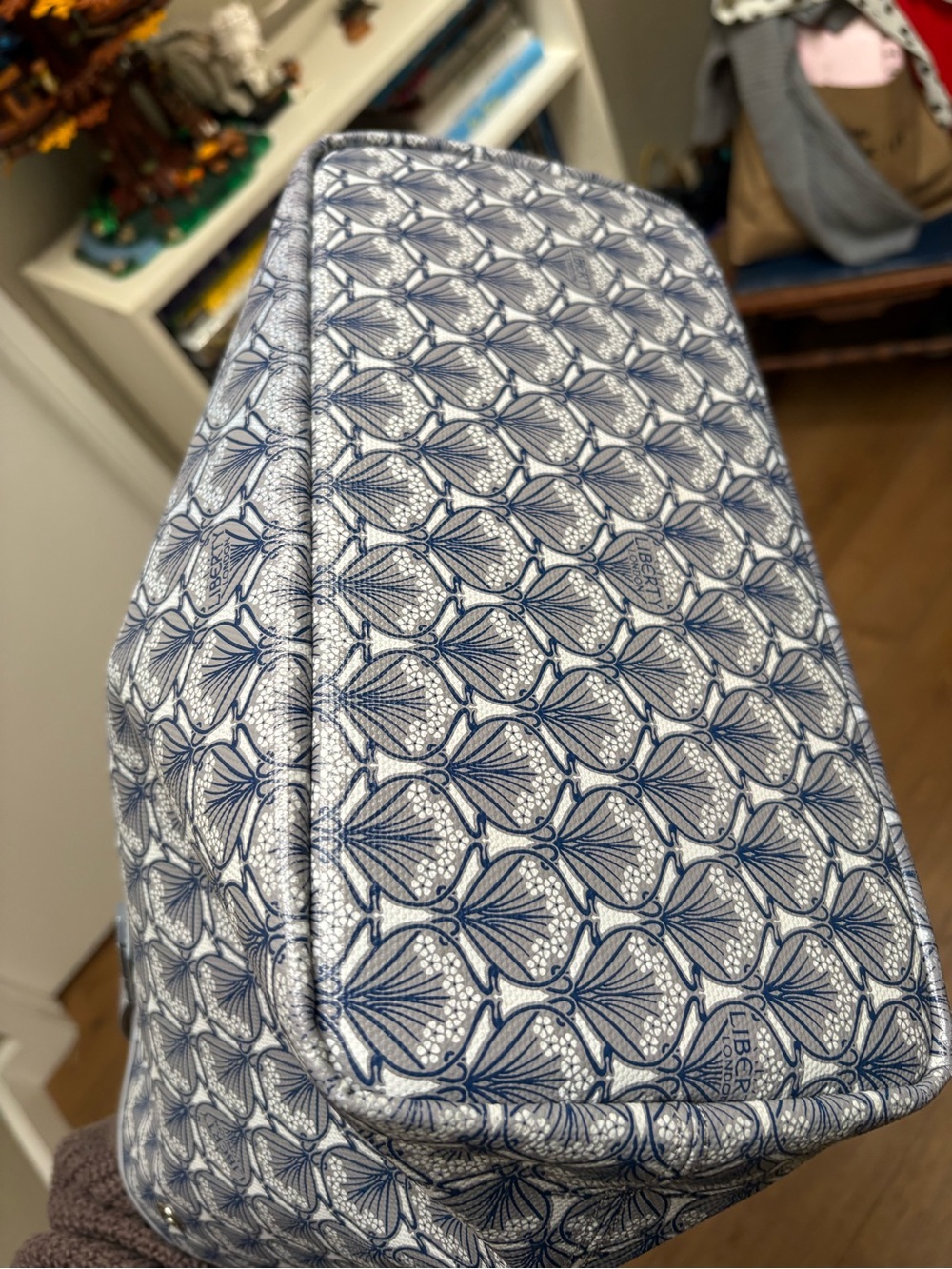 Liberty of London Iphis Gray Pattern Tote with Navy Pattern and Purple Interior - Picture 6 of 12